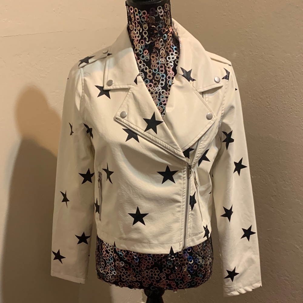 Le Lis White Star-Patterned Leather Jacket